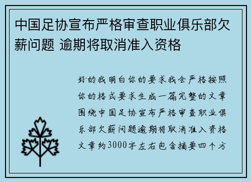 中国足协宣布严格审查职业俱乐部欠薪问题 逾期将取消准入资格 中国足协宣布严格审查职业俱乐部欠薪问题 逾期将取消准入资格
